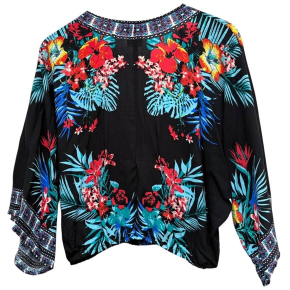Flying Tomato Kimono Top Small Black Floral Boho Crossover Blouse Rayon Crop - Picture 3 of 8
